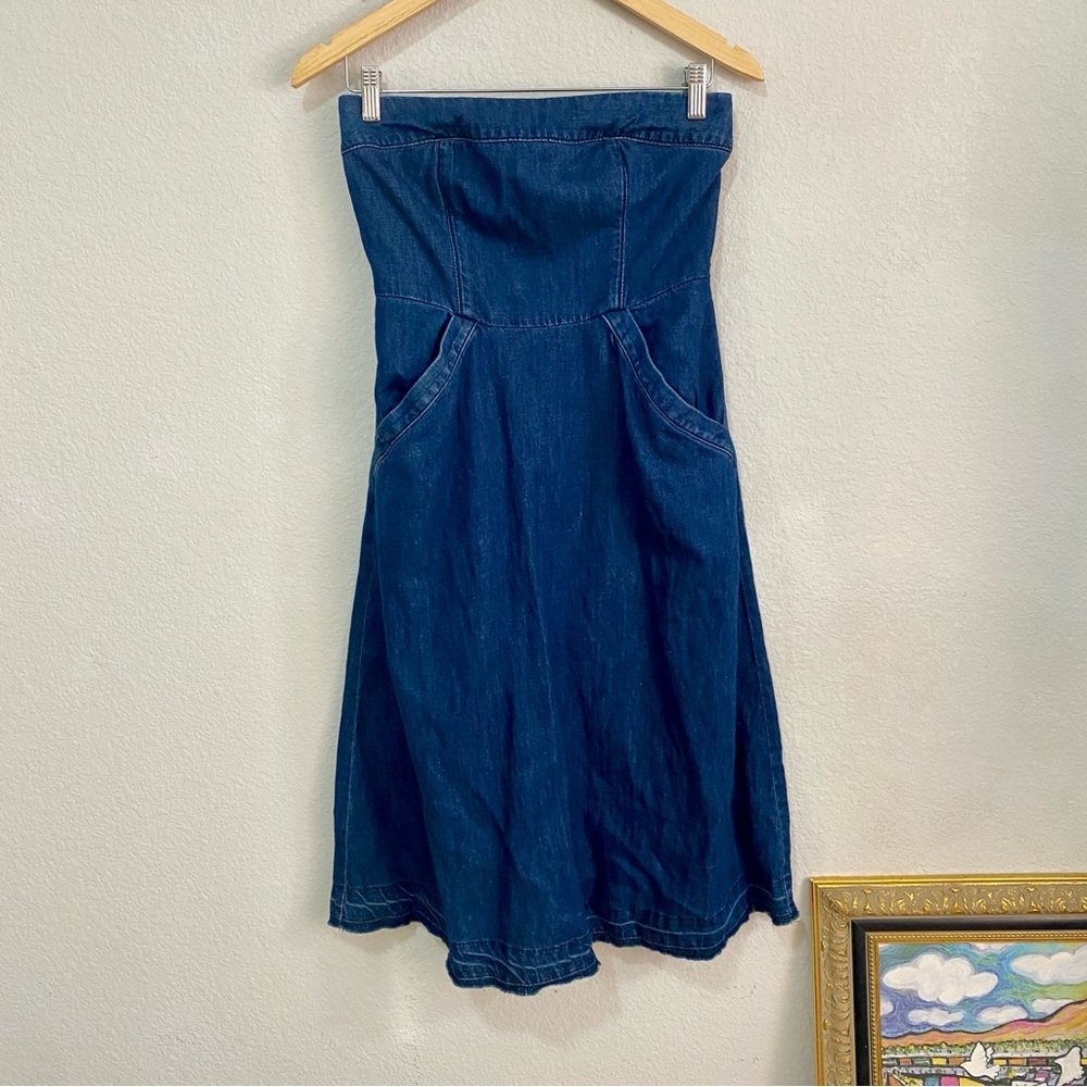 Anthropologie Holding‎ Horses Strapless Dress Cotton Linen Pockets Frayed Hem